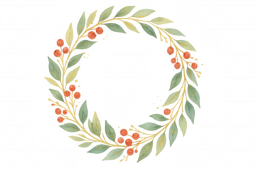 Watercolor botanical wreath with green leaves and red berries arranged in a circular frame on transparent background