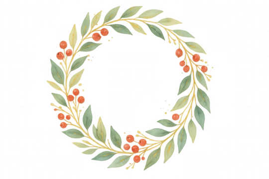 Watercolor botanical wreath with green leaves and red berries arranged in a circular frame on transparent background