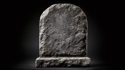 A weathered stone marker with a rounded top, resting on a square base. The stone shows signs of age and natural wear, set against a dark background.