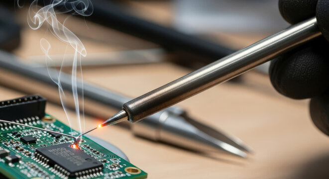 Precision Soldering A Close-Up View of a Soldering Iron Applying Heat to a Circuit Board with Smoke Rising Emphasizing the Delicate and Precise Nature of Electronics Repair - Powered by Adobe