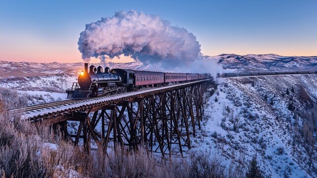 Snowy locomotive steam train crossing steel trestle bridge at golden hour with massive smoke plume over winter landscape, vintage railway scene with snow-covered mountains