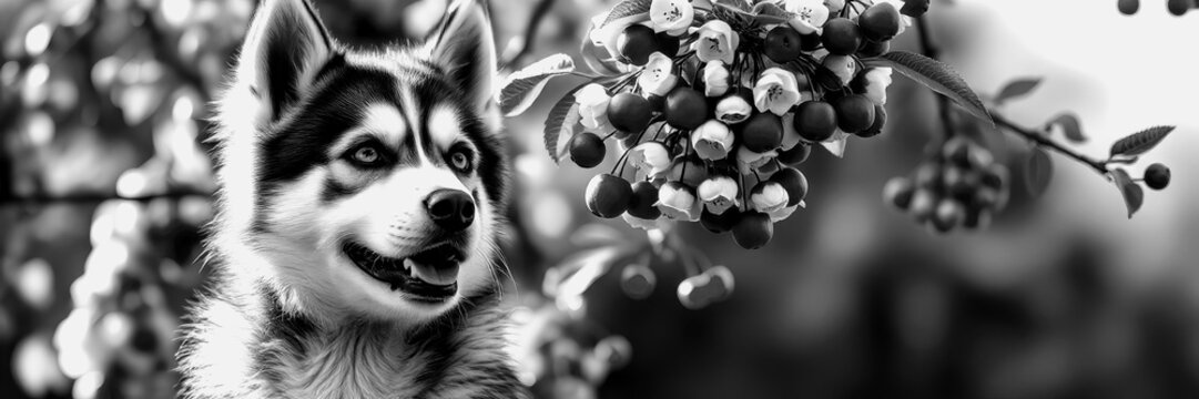 Siberian husky near berries in a black and white scene - Powered by Adobe