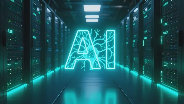 Neon AI symbol in a futuristic server room corridor with glowing blue lights and data racks