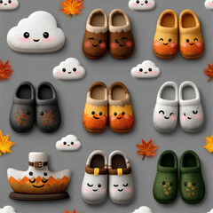 Cute Slippers and Clouds Autumn Seamless Pattern