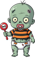 Cute zombie baby with pacifier and skull lollipop, Halloween cartoon character, spooky infant, vector illustration in diaper