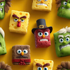 Angry Cartoon Food Characters on Yellow Backdrop, AI Generated