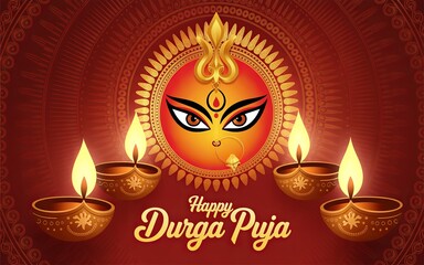 Golden glow of Durga Puja diya artwork highlights religious faith.