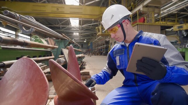 Man engineer in industrial shipyard inspecting large propeller components, Technical Control.