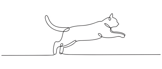 continuous line of cat jumping.one line drawing of active cat outdoors. one line Icon drawing with white background