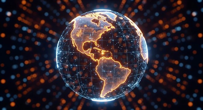 Global Network: The globe glows with an intricate network of interconnected data points, symbolizing the digital heartbeat of our world. A visual representation of interconnectedness.