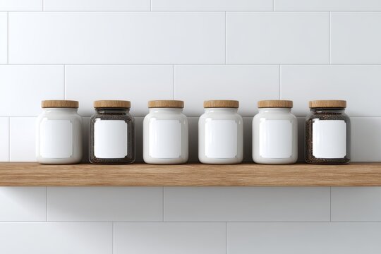 Six Jars with Wooden Lids on Shelf Against White Tiled Wall