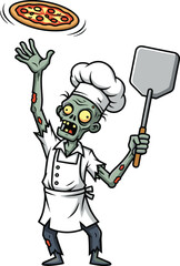 Zombie chef juggling pizza with spatula, cartoon Halloween illustration, spooky kitchen fun, undead cook, horror food art