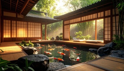 Japanese garden with koi pond and traditional architecture.
