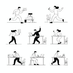 Set of minimalist black and white line art drawings of office people working on laptops running with documents and celebrating.