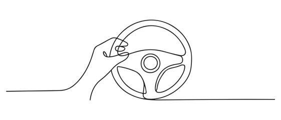 single line drawing of hand and steering wheel of car.single line vector of hand holding steering wheel of car. one line Icon drawing with white background