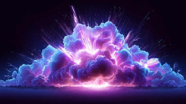 A vibrant explosion of glowing blue and purple clouds radiates intense energy,