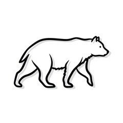 Simple black line art illustration of a walking bear in profile isolated icon.