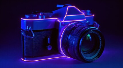 Camera Neon. Close-up of Camera Body in Vibrant Purple Neon Light