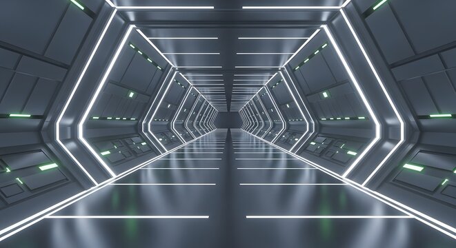 Futuristic spaceship corridor with glowing neon lights and metallic walls, scifi interior design - Powered by Adobe