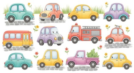 Collection of cute cartoon vehicles including cars, bus, and fire truck