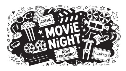Doodle illustration of movie night showing popcorn 3D glasses clapperboard and retro movie camera symbolizing entertainment cinema and fun