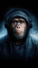 Urban capuchin monkey wearing headphones in a dark, atmospheric setting with a hoodie