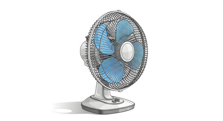 Detailed illustration of a white and grey desk fan with blue blades, providing a refreshing breeze and air circulation.