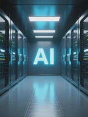 Fototapeta premium Server room with glowing AI sign in a futuristic data center