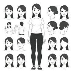 Young woman character creation set with various facial expressions hairstyles and poses.