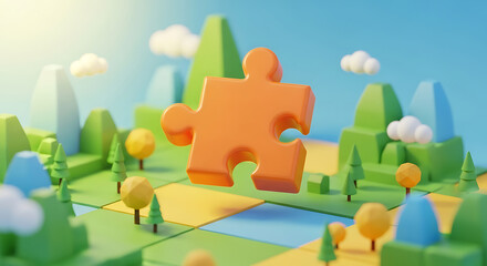 Giant orange puzzle piece stands tall in a whimsical miniature landscape with trees and clouds
