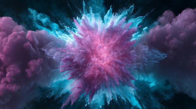 Abstract explosion with vibrant pink and blue-green bursts radiating outward,