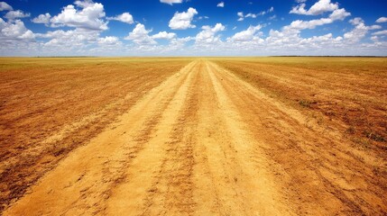 Fototapeta premium A straight dirt road stretches through a vast arid landscape with dry brown earth and sparse vegetation under a bright b