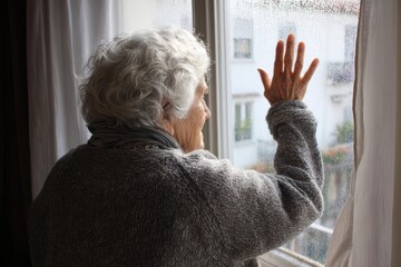 Waving Through Window. Elderly Woman Looking Out at Home, Relaxing and Waving to Neighbors