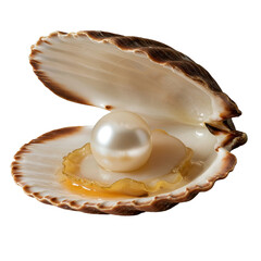 Luminous opalescent white pearl, reflecting rose/azure hues, glistening in an intricate, dewy scallop shell with golden rim, isolated on transparent, dramatic macro photo, concept of luxury and