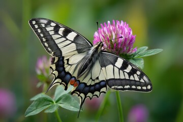 Swallow Tail Butterfly. Old World Swallowtail (Papilio machaon) with Pink Clover in Meadow