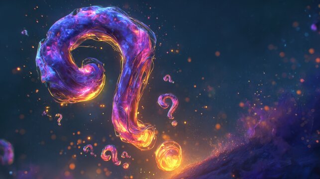 Mysterious glowing question mark bubbles floating in a cosmic nebula background