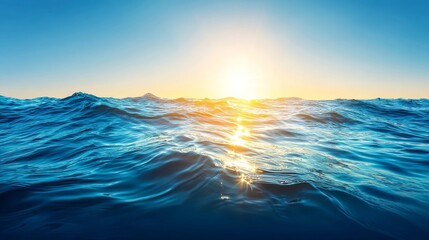 Fototapeta premium A vast ocean under a clear blue sky with sunlight reflecting off the water, small island on the horizon,