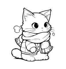 Cat wearing a scarf in winter illustration coloring page for kids