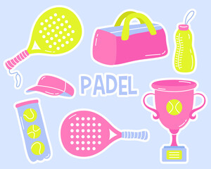 Padel sports equipment design stickers set. Rackets, bag, cap, bottle of water, set of balls. Vector illustration.