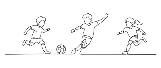 continuous line of children playing soccer happily.single line drawing for competition,soccer school,championship. one line Icon drawing with white background © MofajjolHossen