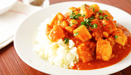 Basmati rice with red sweet and sour chicken sauce, macro shot. AI