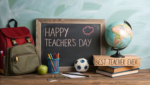 A Tribute to Educators: A cheerful and inviting scene sets the stage for a blackboard message to express appreciation, surrounded by educational items on a rustic wooden surface.