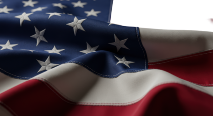 Extreme macro of luxurious, heavy satin American flag, vibrant red, white, blue, intricate fibers, sweeping folds, isolated on transparent with soft shadow. Concept of national pride