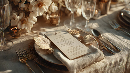 weekday wedding vibes Elegant table setting featuring a menu, decorative leaves, and stylish cutlery on a textured surface.