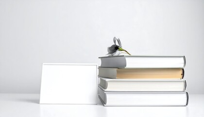 Books and blank frame on white surface