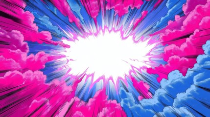 A dynamic manga style explosion with a central white burst surrounded by vibrant pink and blue clouds, bold lines,