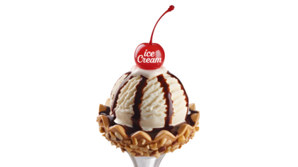 A Classic Vanilla Ice Cream Scoop Served in a Crunchy Wafer Bowl, Topped with Rich Chocolate Drizzle and a Bright Red Maraschino Cherry, a Timeless and Refreshing Summer Dessert."