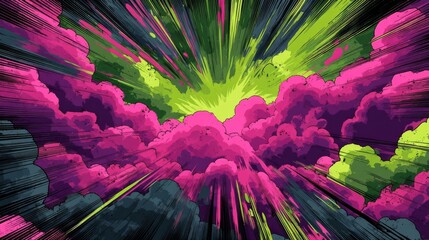 Abstract vibrant clouds or smoke in pink, green, purple, black, and yellow with dynamic rays radiating energy, movement,