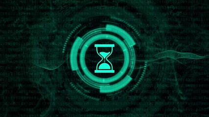 Futuristic digital hourglass icon on a background of flowing binary code and data streams time timer - Powered by Adobe
