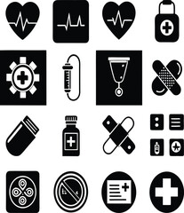 Medical icons collection featuring heartbeat ecg pulse ekg medicine pills bandages stethoscope and health symbols for healthcare and wellness applications